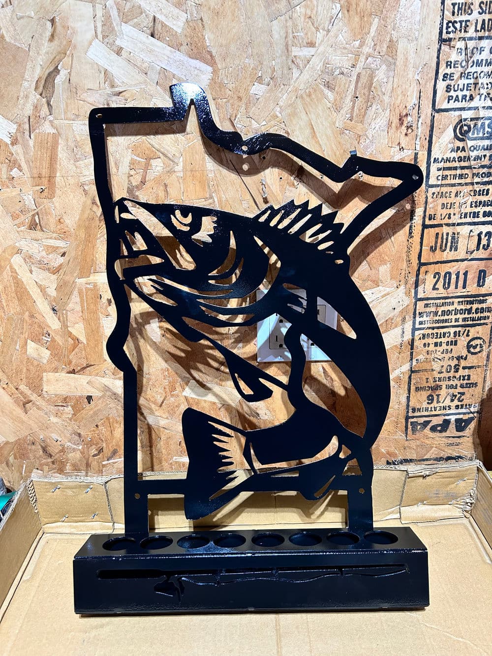Metal fish sculpture of a large mouth bass with Minnesota state outline, ideal for decor or gifts.